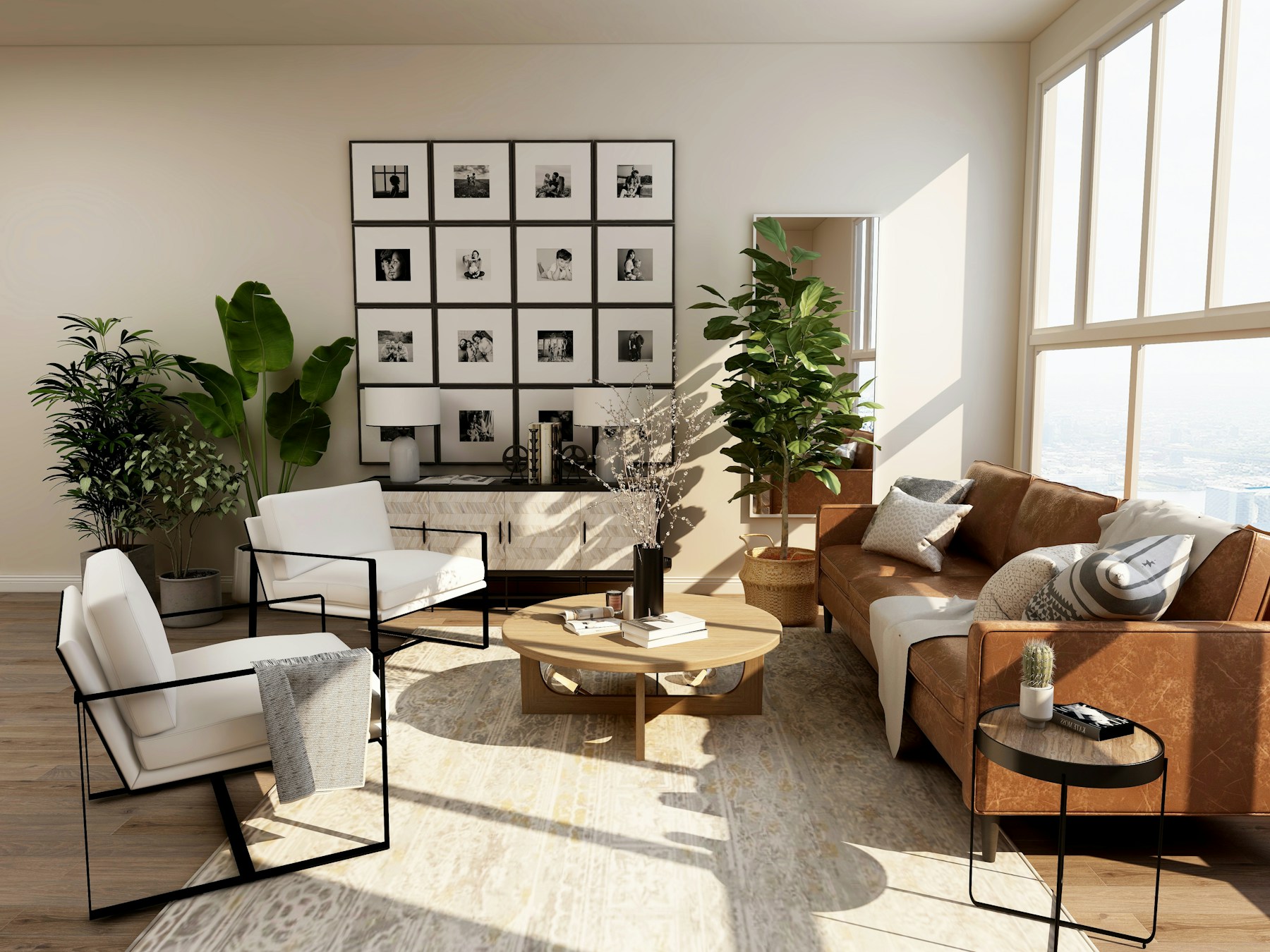 Sunlit living room with natural wood and soft neutral furnishings